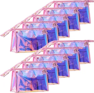 10 Pack Holographic Makeup Bags, Clear PVC Cosmetic Organizer Pouches, Iridescent Travel Toiletry Storage Cases, Rainbow Waterproof Zipper Bags for Beauty Products