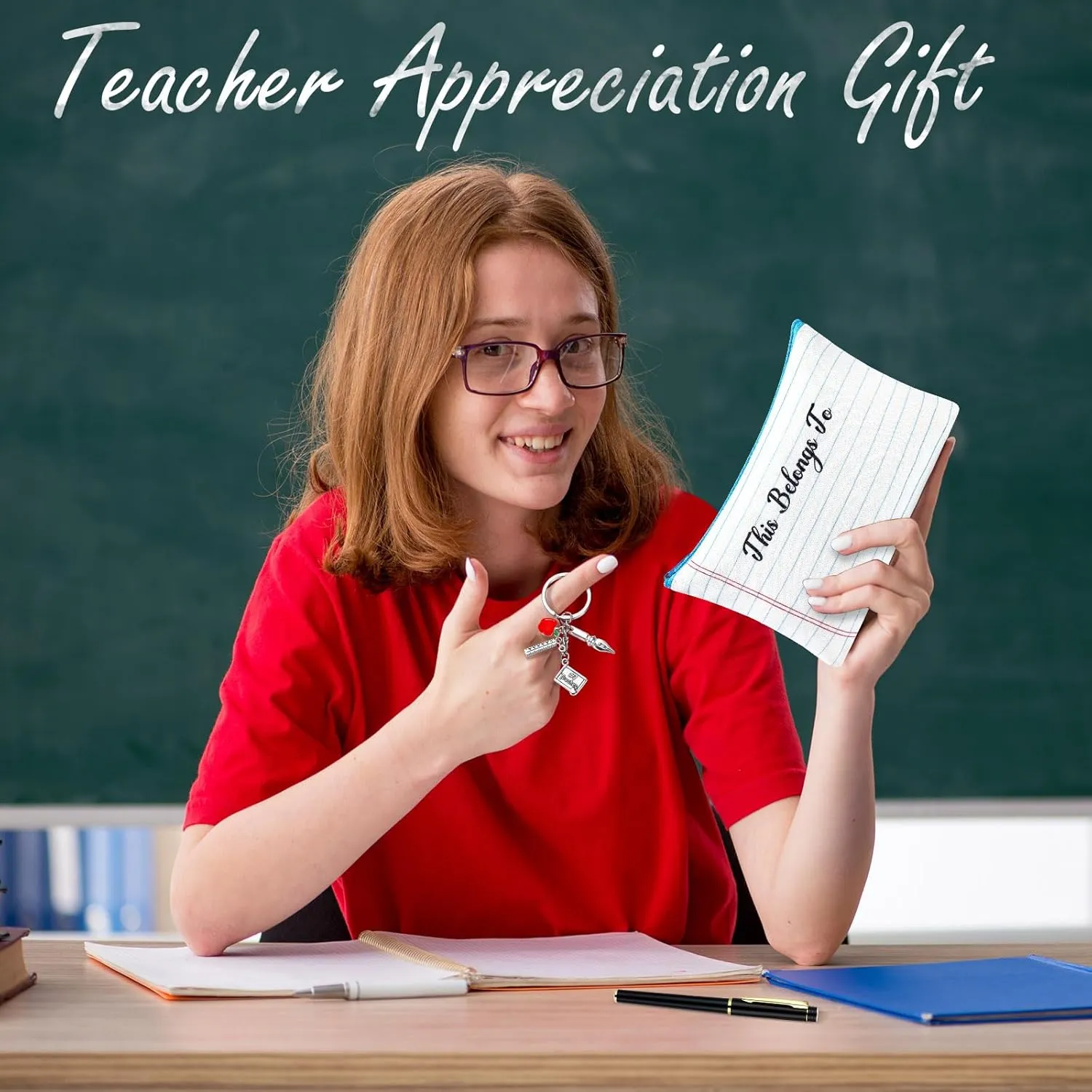 18 Pcs Teacher Appreciation Gifts Bulk Thank You Teacher Gifts with Makeup Cosmetic Bags Keychain and Pens Pencil Pouch for Holiday Birthday Graduation Favors(Black,Stationery)
