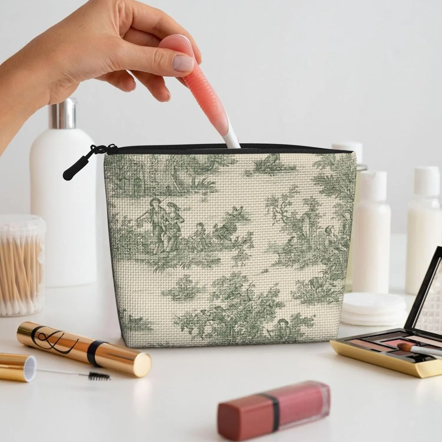 2-1 toile print Makeup Bag,green makeup bag,vintage makeup bag,french country style gifts,Travel Cosmetic Bag,Toiletry Bag