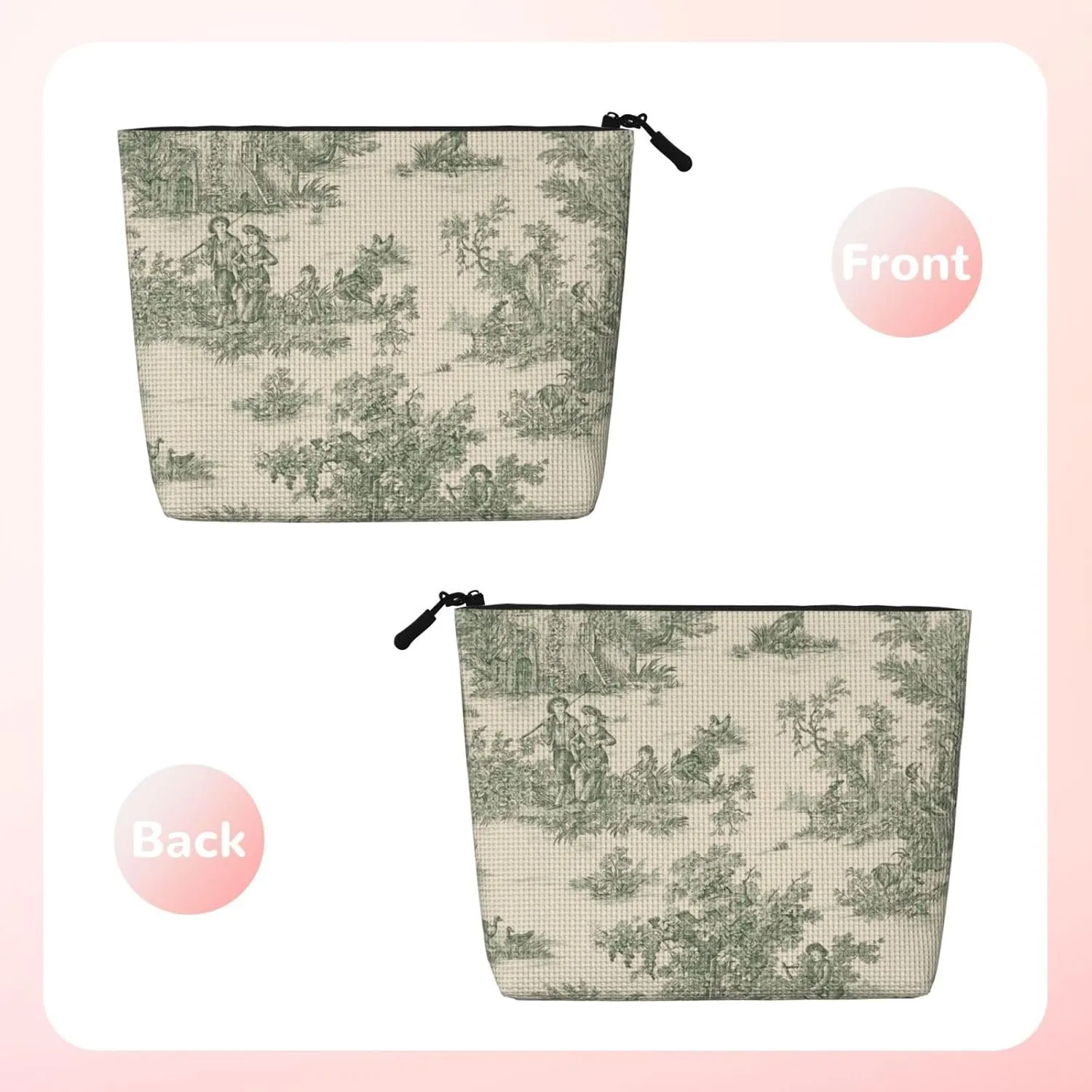 2-1 toile print Makeup Bag,green makeup bag,vintage makeup bag,french country style gifts,Travel Cosmetic Bag,Toiletry Bag