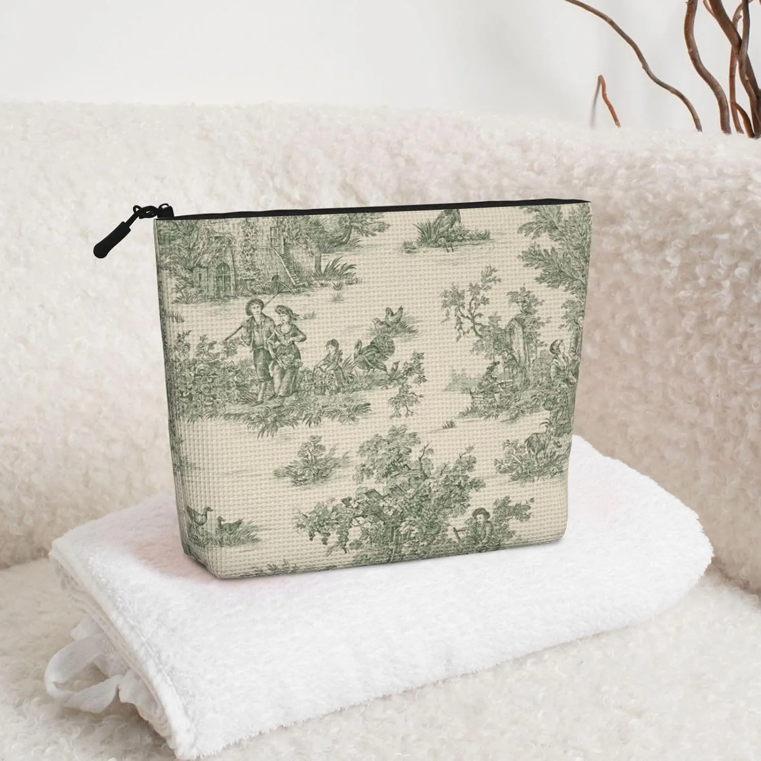 2-1 toile print Makeup Bag,green makeup bag,vintage makeup bag,french country style gifts,Travel Cosmetic Bag,Toiletry Bag