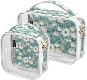 2 Pack Portable Travel Clear Cosmetic Toiletry Bags with Double Zippers for Men Women, Blue-floral-pattern Waterproof Storage Carry Pouch with Handle, Tote Bags for Bathroom Traveling Vacation Organi