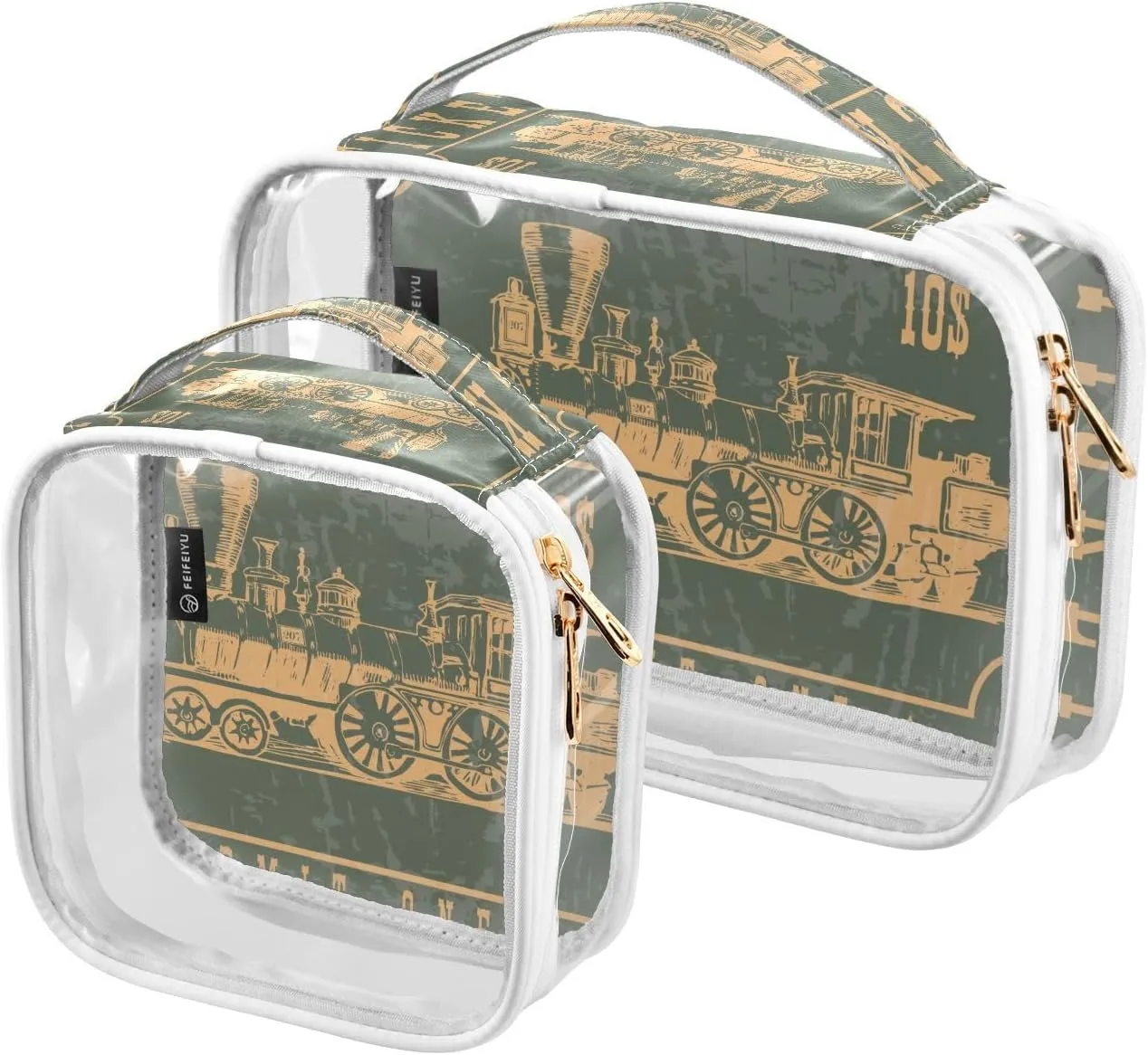 2 Pack Portable Travel Clear Cosmetic Toiletry Bags with Double Zippers for Men Women, Old-western-rail-train-ticket Waterproof Storage Carry Pouch with Handle, Tote Bags for Bathroom Traveling Vacat