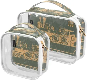 2 Pack Portable Travel Clear Cosmetic Toiletry Bags with Double Zippers for Men Women, Old-western-rail-train-ticket Waterproof Storage Carry Pouch with Handle, Tote Bags for Bathroom Traveling Vacat