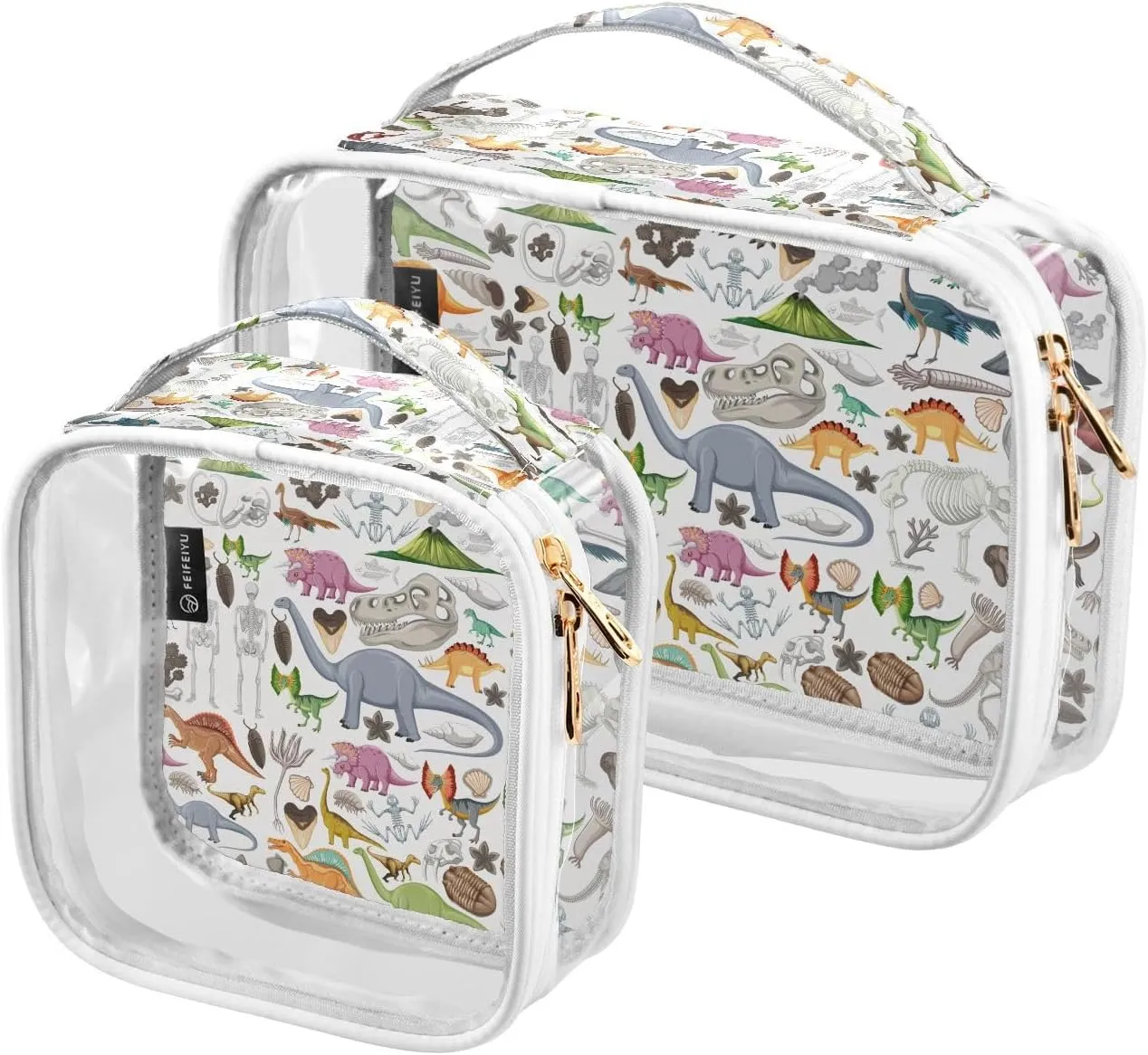 2 Pack Portable Travel Clear Cosmetic Toiletry Bags with Double Zippers for Men Women, Prehistoric-dinosaur-animal Waterproof Storage Carry Pouch with Handle, Tote Bags for Bathroom Traveling Vacatio