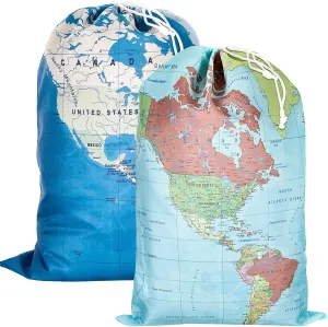2 Pcs Travel Laundry Bags Map Design Heavy Duty Laundry Bag with Drawstring Large Waterproof Machine Washable Polyester Pocket for Travel Camp Dirty Clothes Organizer