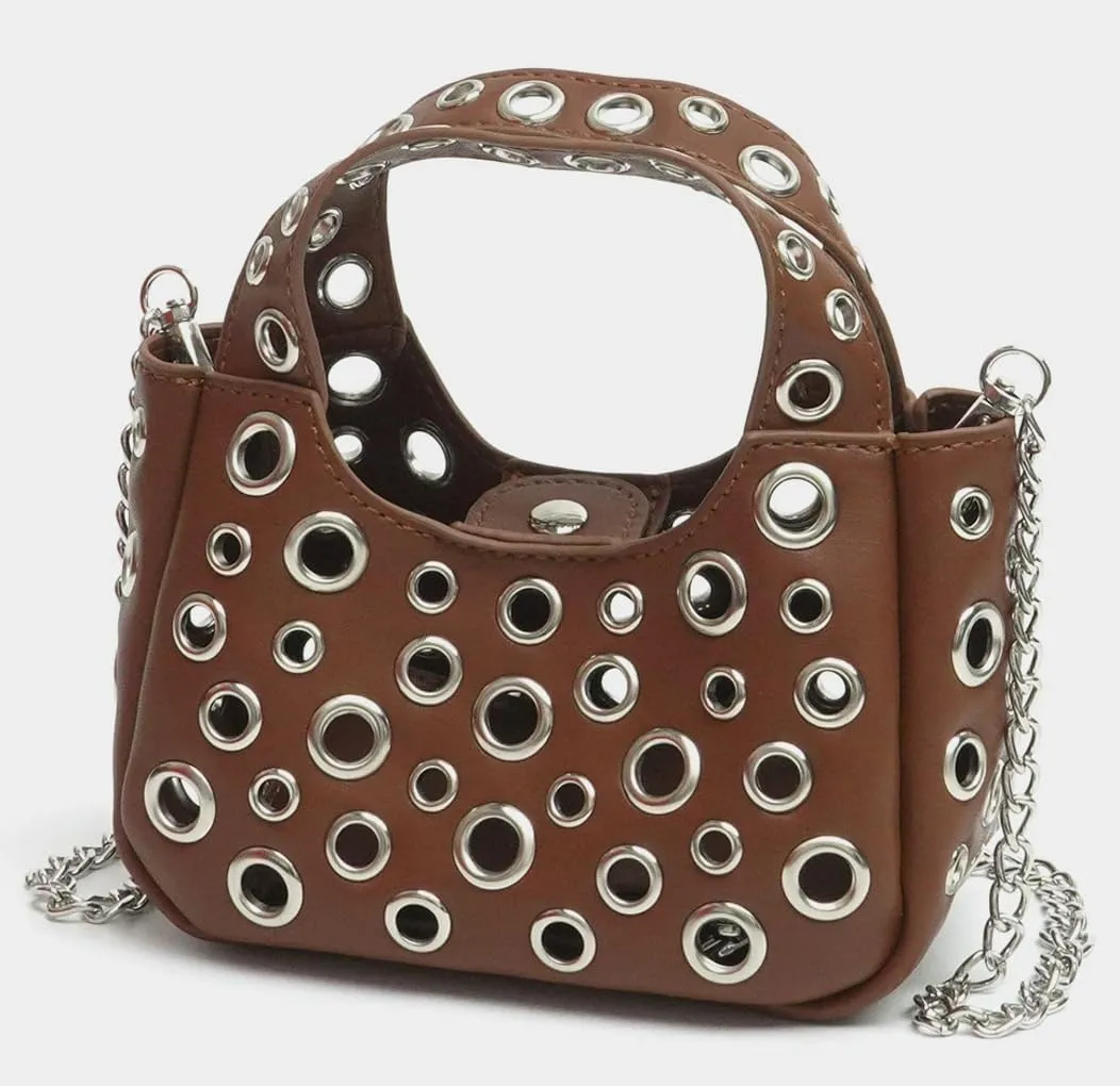 2 Pcs Y2k 90s Crescent Hobo Bags Women Trendy Studded PU Leather Shoulder Satchels Crossbody Purse Punk Underarm Tote Handbag