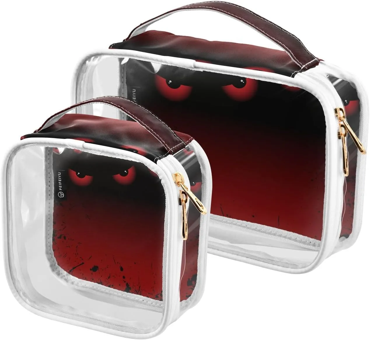 2 Pieces Portable Clear Large Makeup Bag, PVC Waterproof Travel Organizer for Men Women, Eyes Black Pattern Toiletry Bags with Gold Zippers.