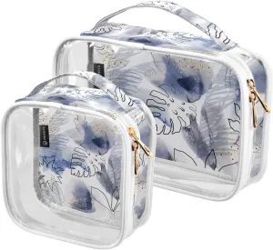 2 Pieces Portable Clear Large Makeup Bag, PVC Waterproof Travel Organizer for Men Women, Floral-blue-pattern Toiletry Bags with Gold Zippers.