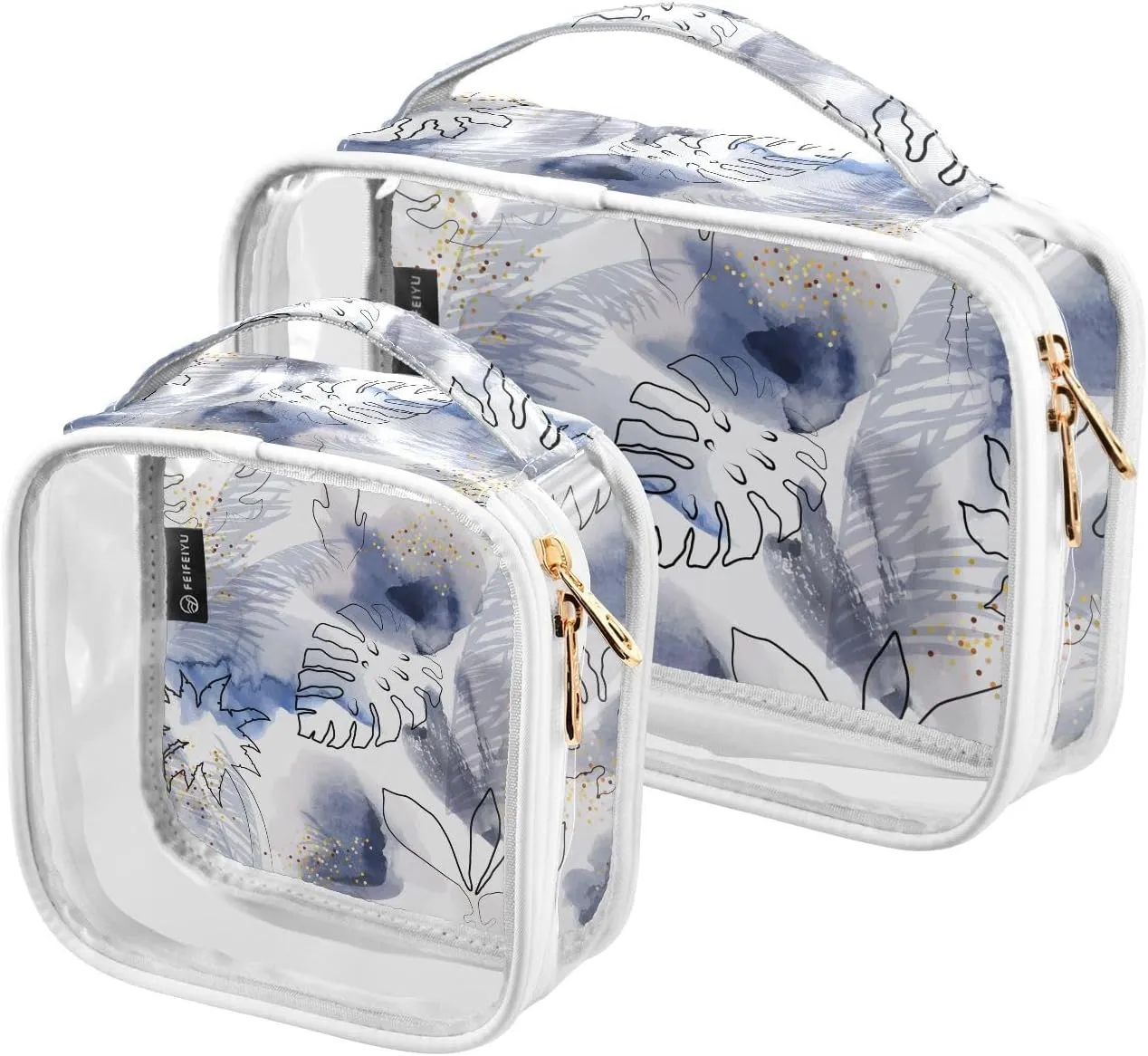 2 Pieces Portable Clear Large Makeup Bag, PVC Waterproof Travel Organizer for Men Women, Floral-blue-pattern Toiletry Bags with Gold Zippers.