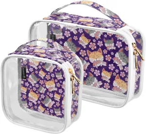 2 Pieces Portable Clear Large Makeup Bag, PVC Waterproof Travel Organizer for Men Women, Grey-orange-cats-print Toiletry Bags with Gold Zippers.