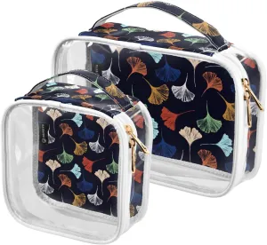 2 Pieces Portable Clear Large Makeup Bag, PVC Waterproof Travel Organizer for Men Women, Japanese-ginkgos-gold-pattern2 Toiletry Bags with Gold Zippers.