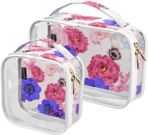 2 Pieces Portable Clear Large Makeup Bag, PVC Waterproof Travel Organizer for Men Women, Retro-flower-print Toiletry Bags with Gold Zippers.