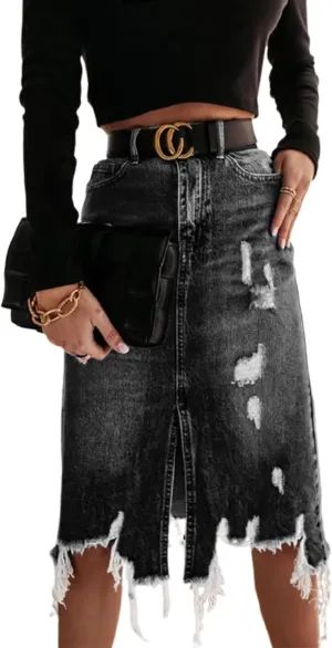 2025 New Women's High Waist A-line Denim Long Skirt, Women's Front Slit Denim Hip Skirt