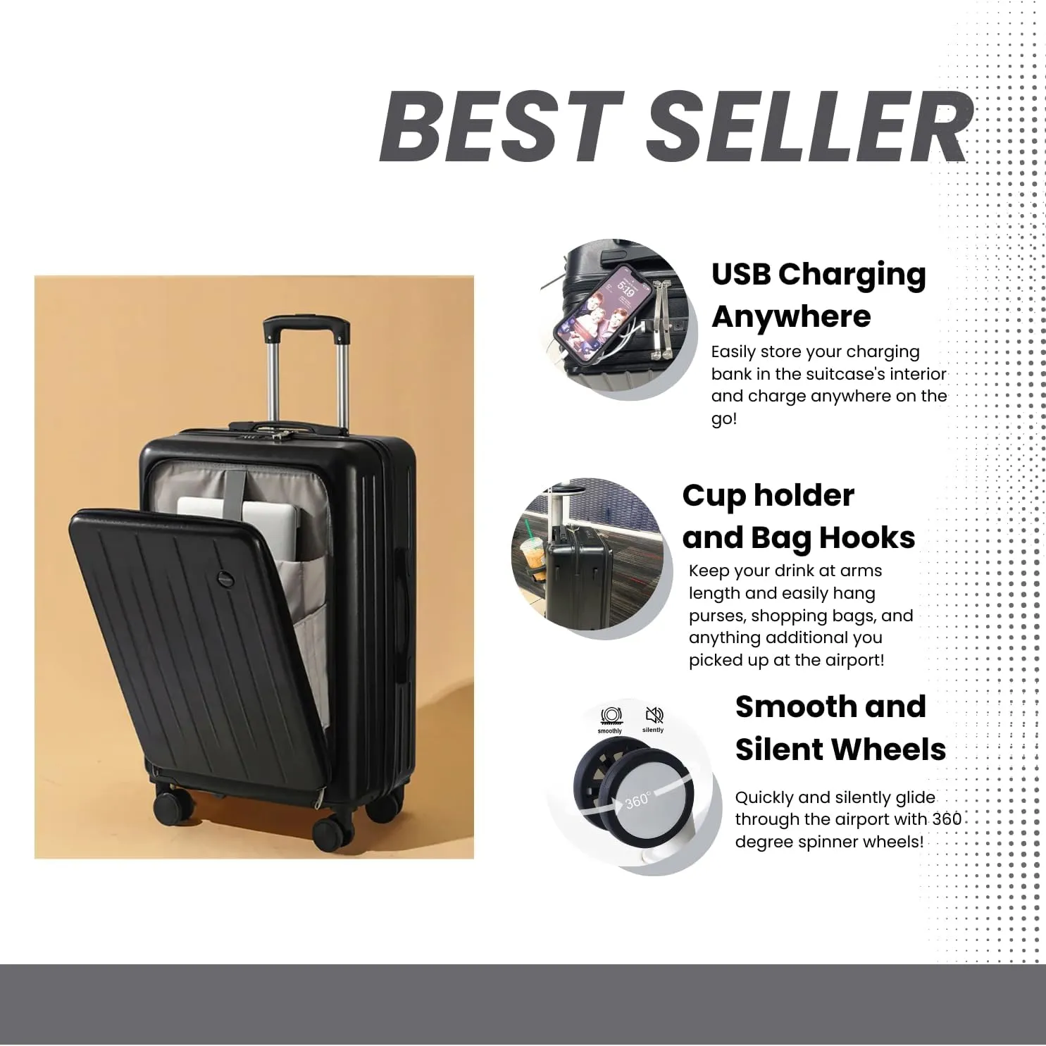 20" Carry On Suitcase, TSA Lock, Cup Holder, Purse Hook, 2 USB Ports, Laptop Pouch, Extra Long Handle Luggage (Black)