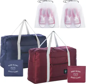 2PCS Travel Duffle Bags - Tote Carry on Bags (Nylon, Lightweight, Foldable, Water Resistant, Sports, Gym, Weekender, Overnight - Red, Blue, 2Pe)