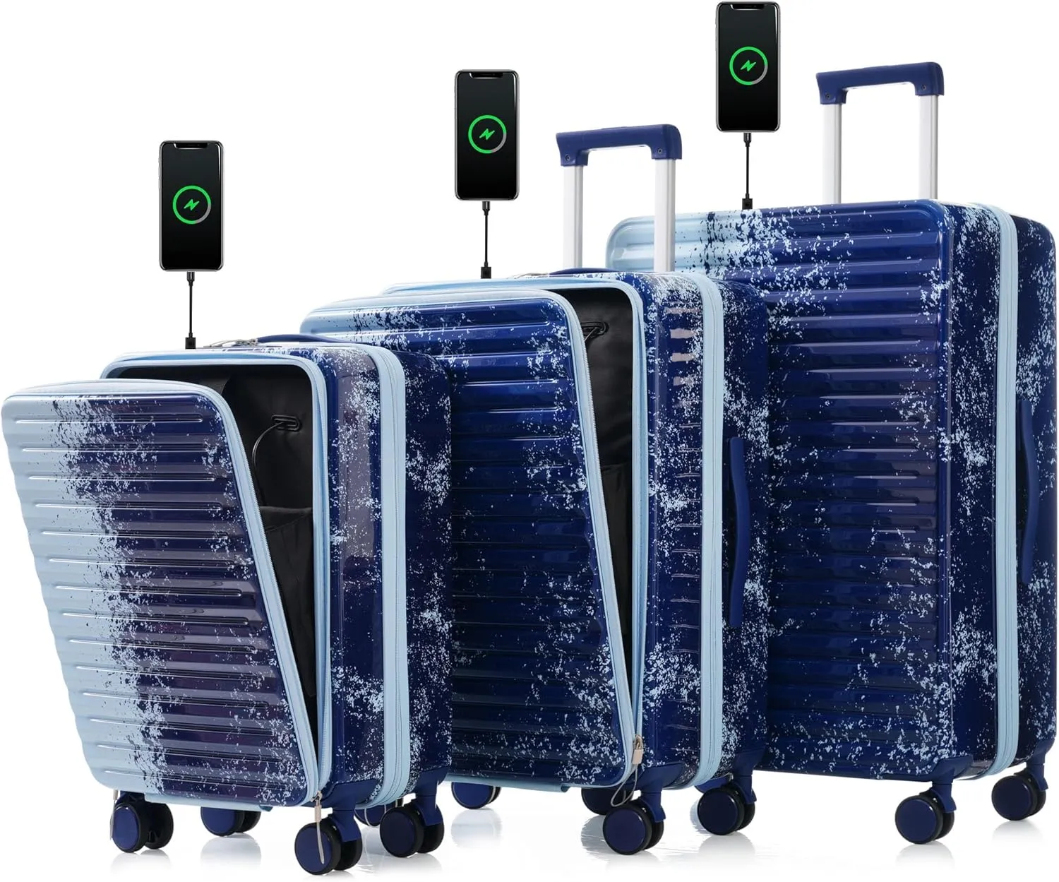 3-Piece Hard Shell Luggage Set with USB Interface, Front Pocket & Universal Wheels, Stylish Gradient Blue