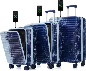 3-Piece Hard Shell Luggage Set with USB Interface, Front Pocket & Universal Wheels, Stylish Gradient Blue