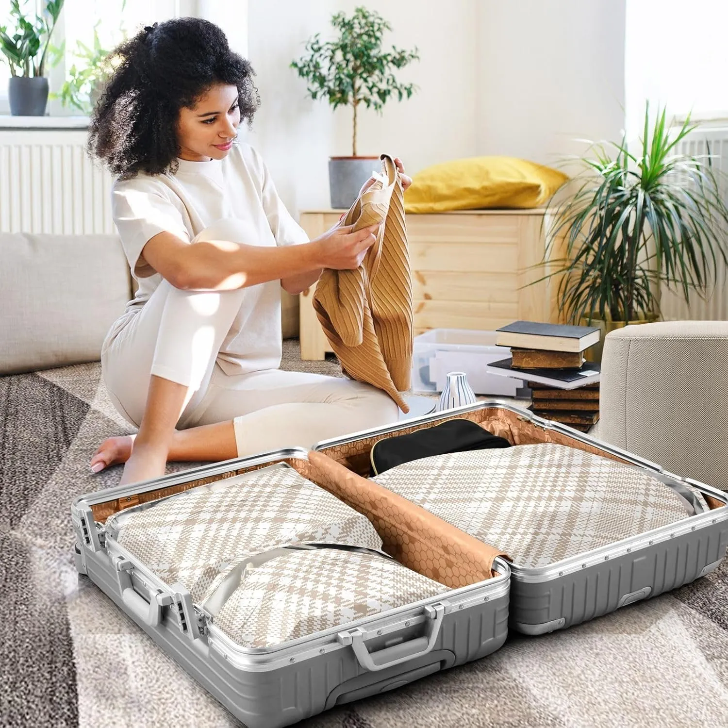 3 Set Travel Packing Cubes For Suitcases, Buffalo Plaid Check Tartan Scotland Beige, Stackable, Garment Bag Closet Storage, Luggage Space Saver, Luggages Management Personnel