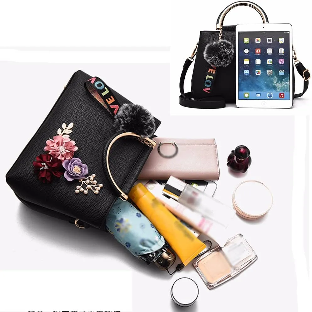 3D Floral Satchel Bag Womens Handbags Faux Leather Medium Tote Bags Top Handle Handbag Crossbody Bag Shoulder Bag