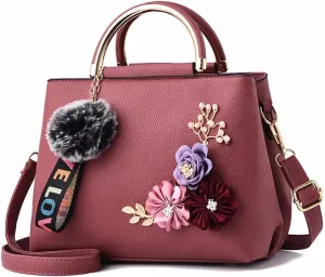 3D Floral Satchel Bag Womens Handbags Faux Leather Medium Tote Bags Top Handle Handbag Crossbody Bag Shoulder Bag