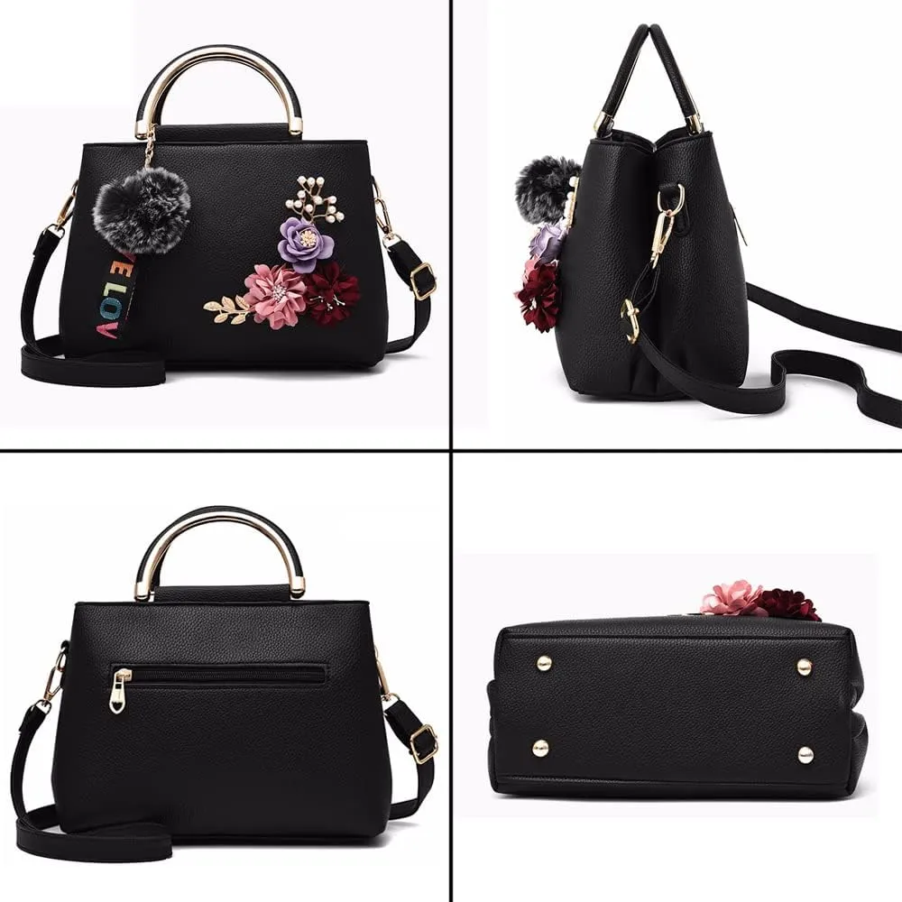 3D Floral Satchel Bag Womens Handbags Faux Leather Medium Tote Bags Top Handle Handbag Crossbody Bag Shoulder Bag