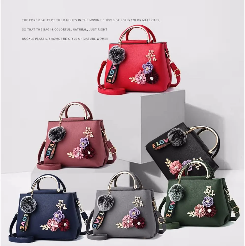 3D Floral Satchel Bag Womens Handbags Faux Leather Medium Tote Bags Top Handle Handbag Crossbody Bag Shoulder Bag