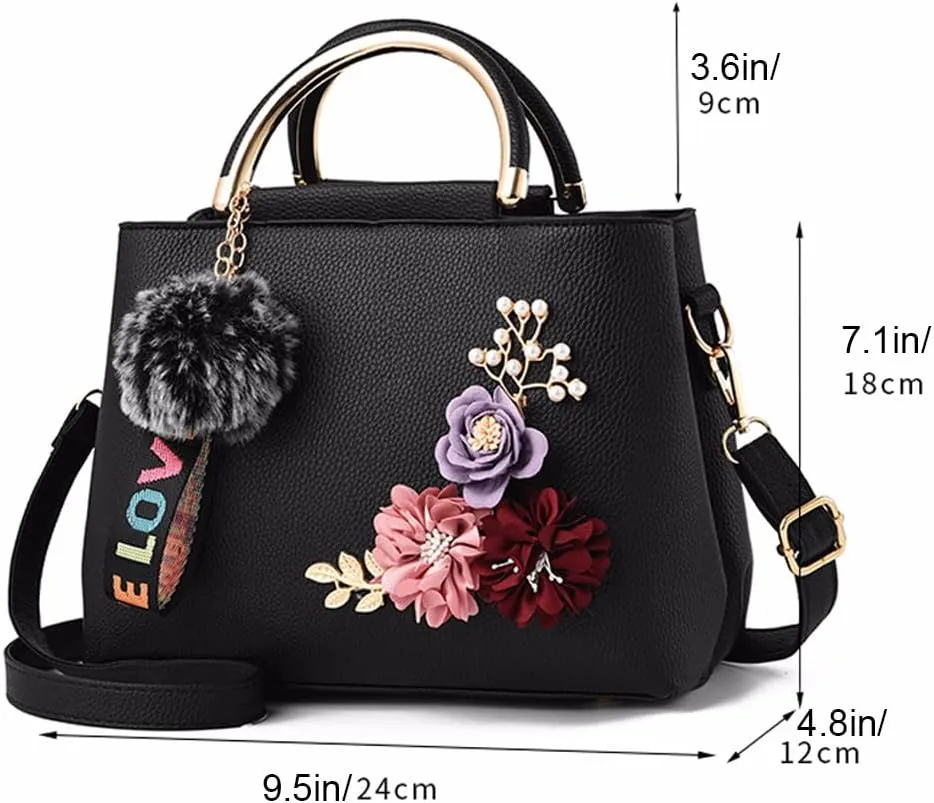 3D Floral Satchel Bag Womens Handbags Faux Leather Medium Tote Bags Top Handle Handbag Crossbody Bag Shoulder Bag