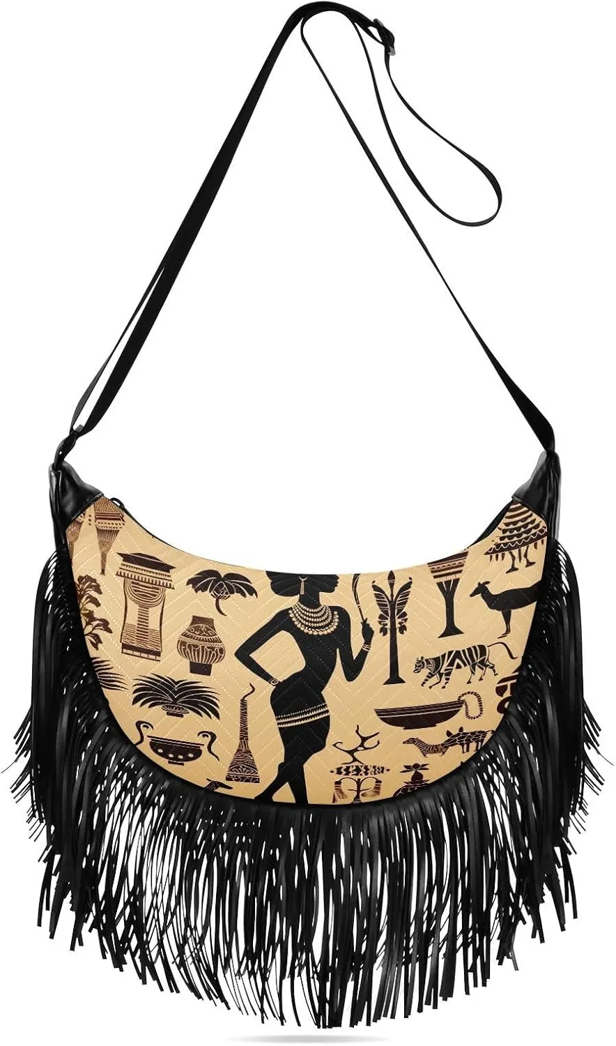African Woman Animal Vintage Crossbody Bags Hobo Bags Handbags Fringe Purse for Work Women Gifts Lady