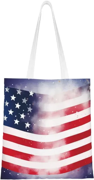 American Flag and Stars Print Canvas Tote Bags Stylish Shoulder Bag Reusable Shopping Bag Small Handbags For Women Men