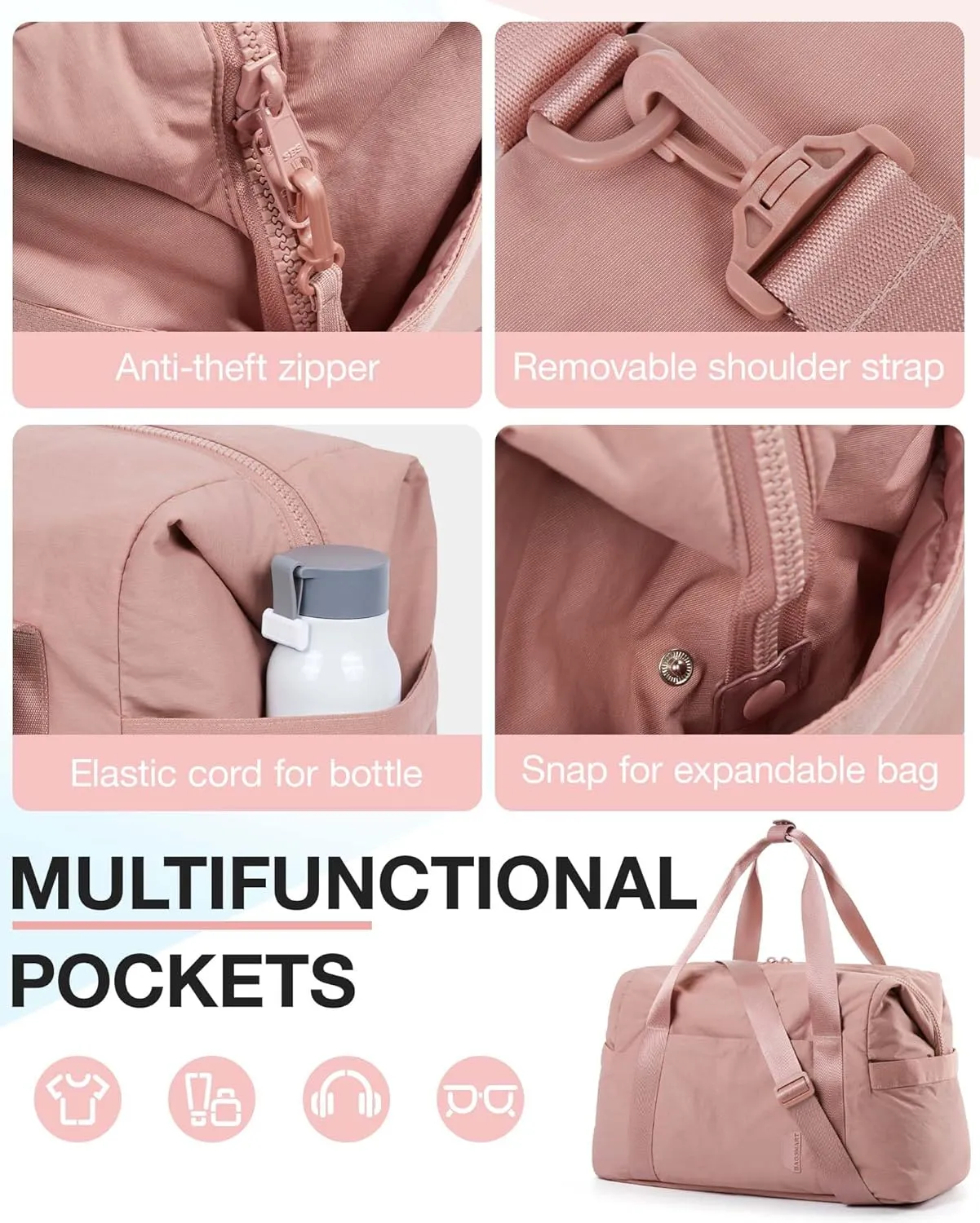 BAGSMART BAGSMART Gym Bag for Women, Carry on Weekender Overnight Bag, Travel Duffel Bags with Trolley Sleeve, Personal Item Travel Bag Tote Bag Workout Dance Bag(Dark Pink-Large)