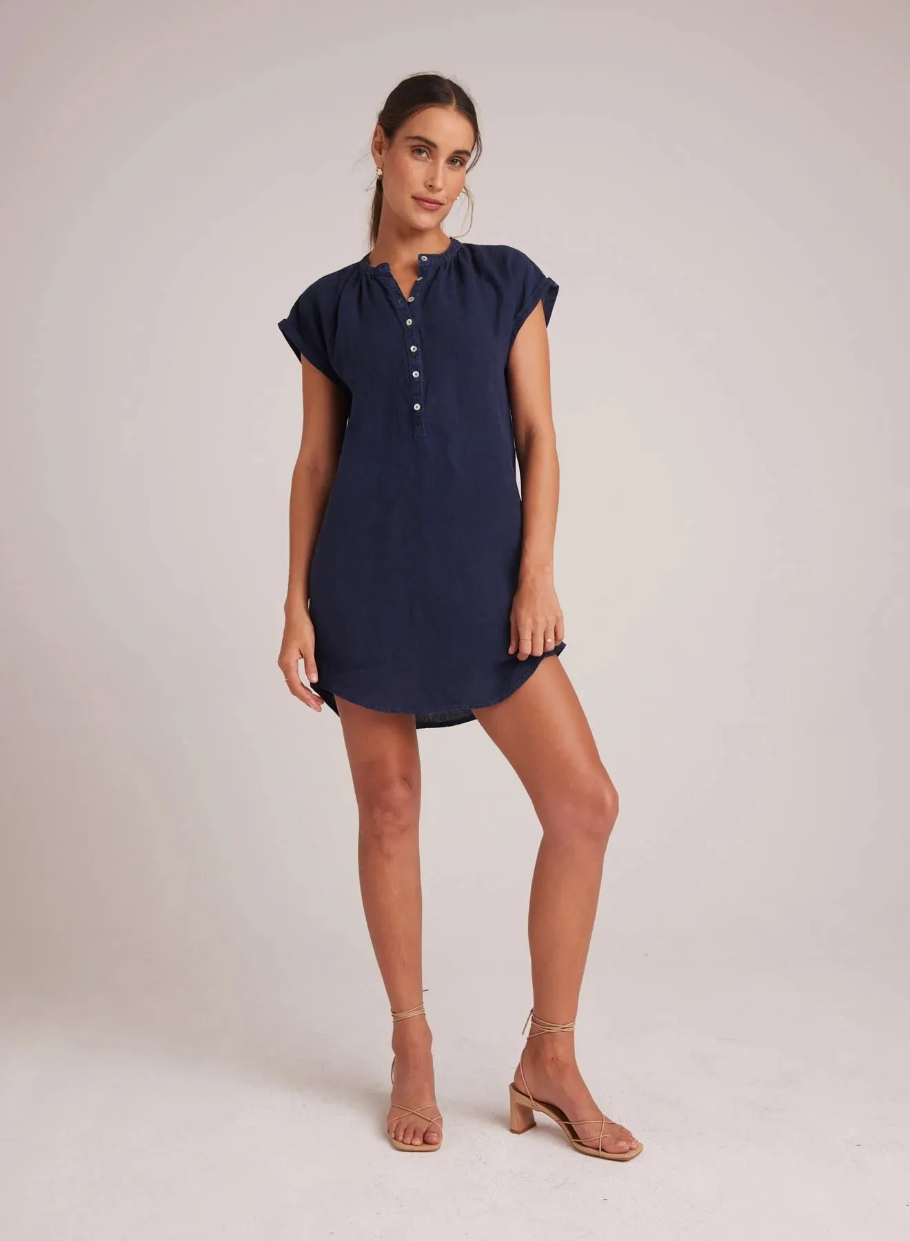 BEL Cap Sleeve Henley Dress in Navy Linen