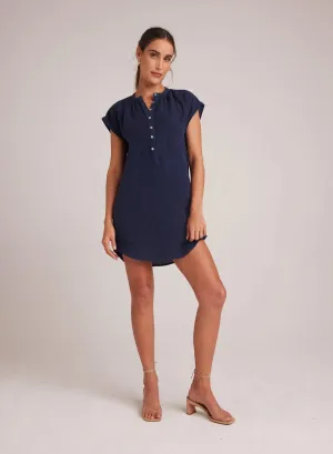 BEL Cap Sleeve Henley Dress in Navy Linen