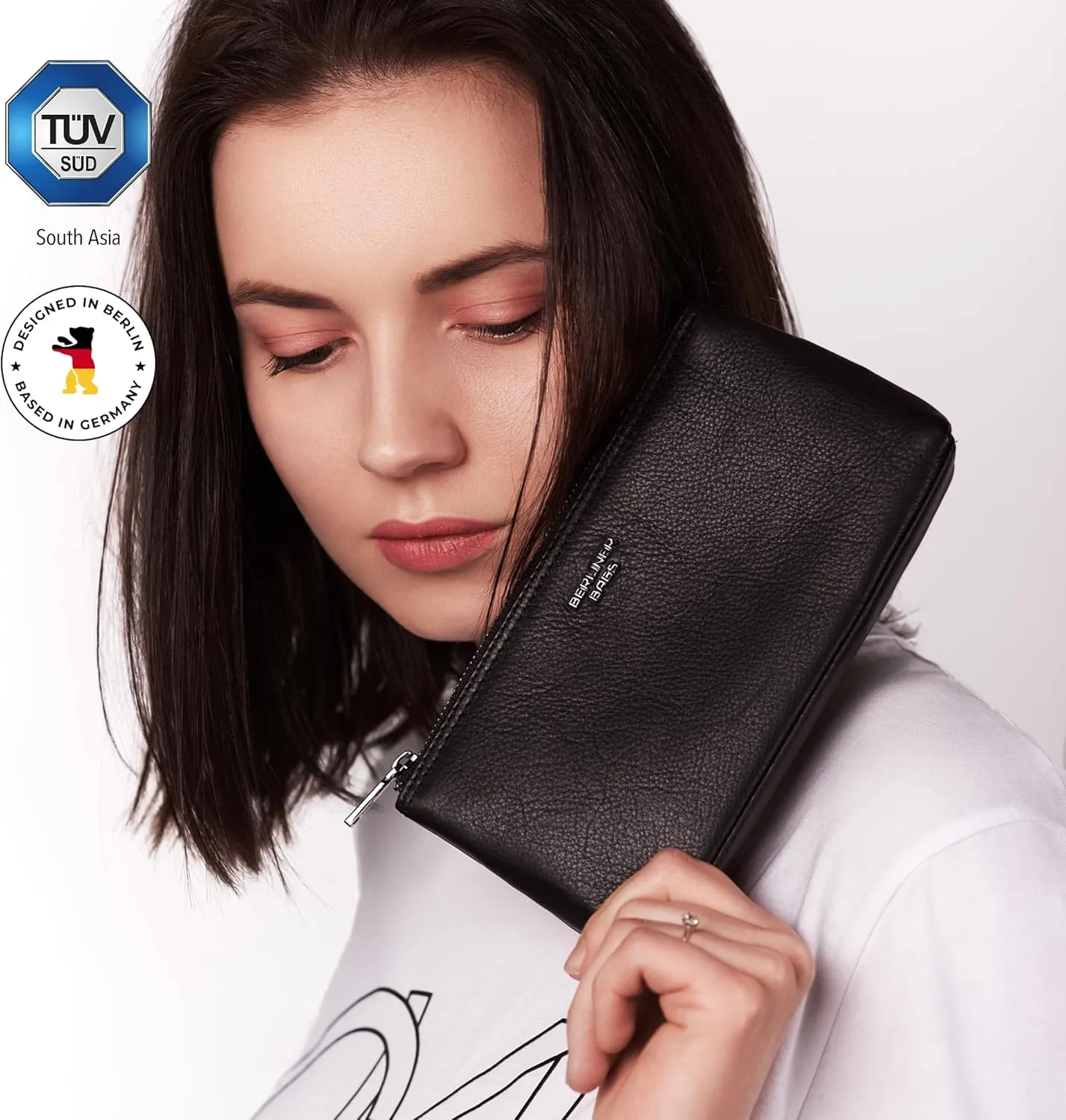 BERLINER BAGS Premium Genuine Leather Makeup Bag Anna, Cosmetic Bag for Purse, Travel and Cosmetics Pouch with Zipper for Women - Black