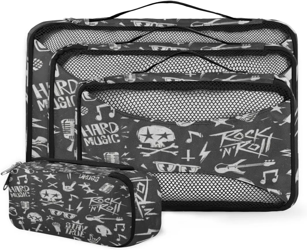 Black White Rock Music Graffiti 4 Piece Packing Travel Organizer Cubes Set Mesh Fabric Ventilate Design Lightweight Travel Accessories 4 Sizes (Extra Large, Large, Medium, Small)