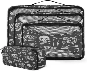 Black White Rock Music Graffiti 4 Piece Packing Travel Organizer Cubes Set Mesh Fabric Ventilate Design Lightweight Travel Accessories 4 Sizes (Extra Large, Large, Medium, Small)