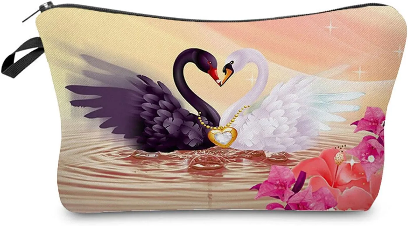 Black White Swan Makeup Bag Cute Small Organizer Zipper Pouch Swan Lake Cosmetic Bag for Woman Ballet Dancers