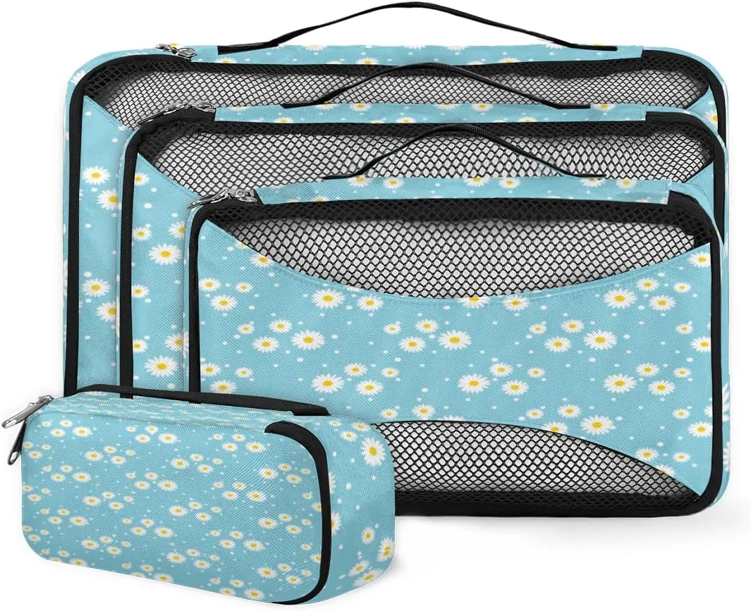 Blue And White Daisy Flower 4 Piece Packing Travel Organizer Cubes Set Mesh Fabric Ventilate Design Lightweight Travel Accessories 4 Sizes (Extra Large, Large, Medium, Small)