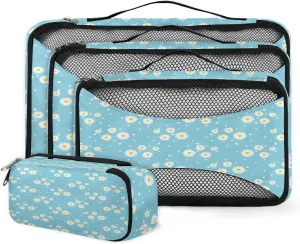 Blue And White Daisy Flower 4 Piece Packing Travel Organizer Cubes Set Mesh Fabric Ventilate Design Lightweight Travel Accessories 4 Sizes (Extra Large, Large, Medium, Small)