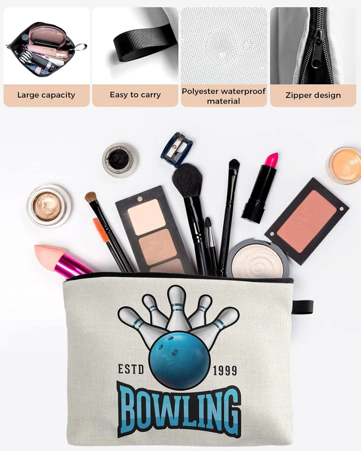 Blue Bowling Balls Cosmetic Bags for Women, Sports Theme Burlap Texture Small Makeup Bag for Purse, Waterproof Travel Toiletry Bag Accessories Organizer, 1PCS