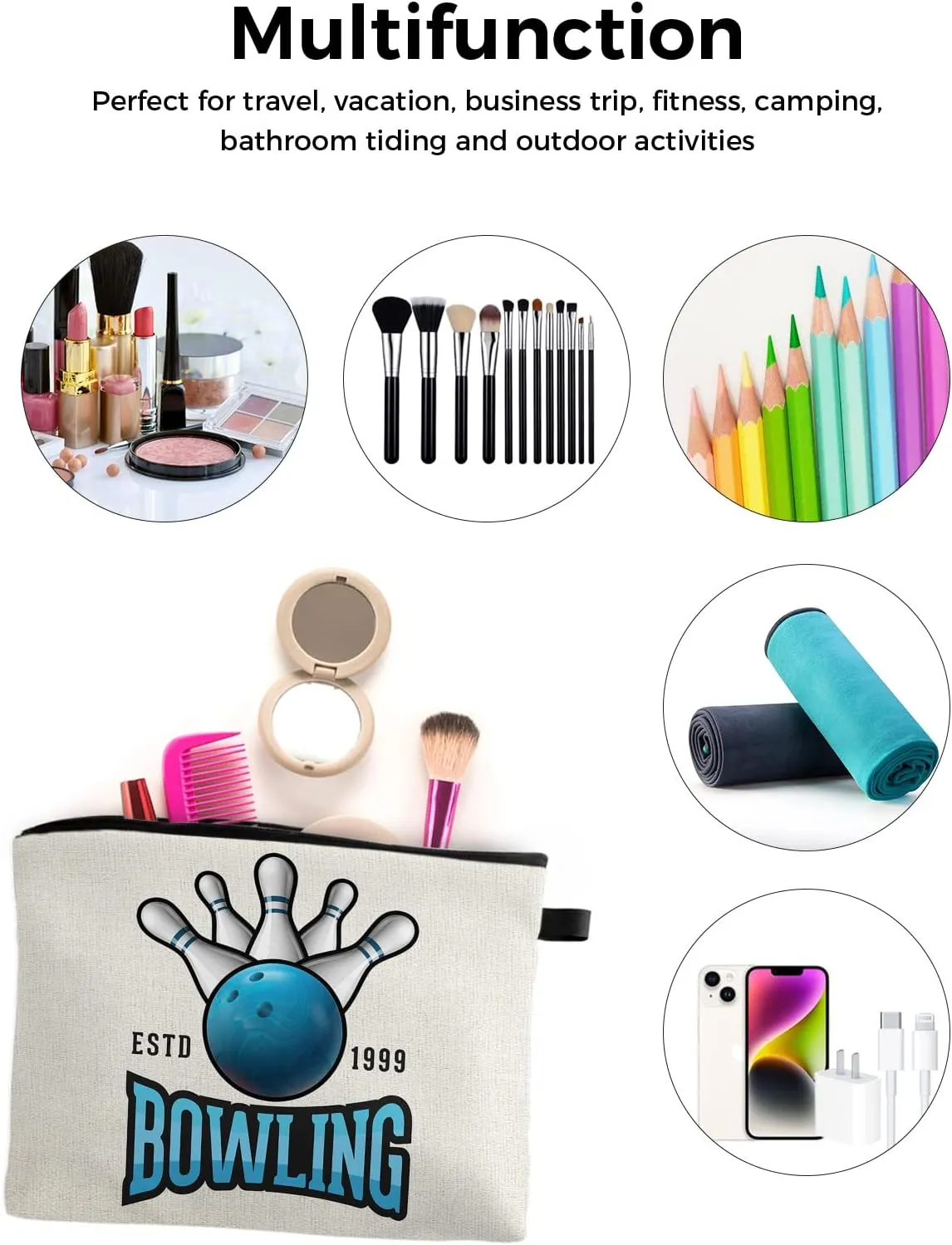 Blue Bowling Balls Cosmetic Bags for Women, Sports Theme Burlap Texture Small Makeup Bag for Purse, Waterproof Travel Toiletry Bag Accessories Organizer, 1PCS