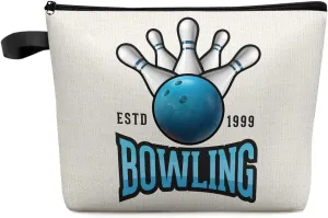 Blue Bowling Balls Cosmetic Bags for Women, Sports Theme Burlap Texture Small Makeup Bag for Purse, Waterproof Travel Toiletry Bag Accessories Organizer, 1PCS