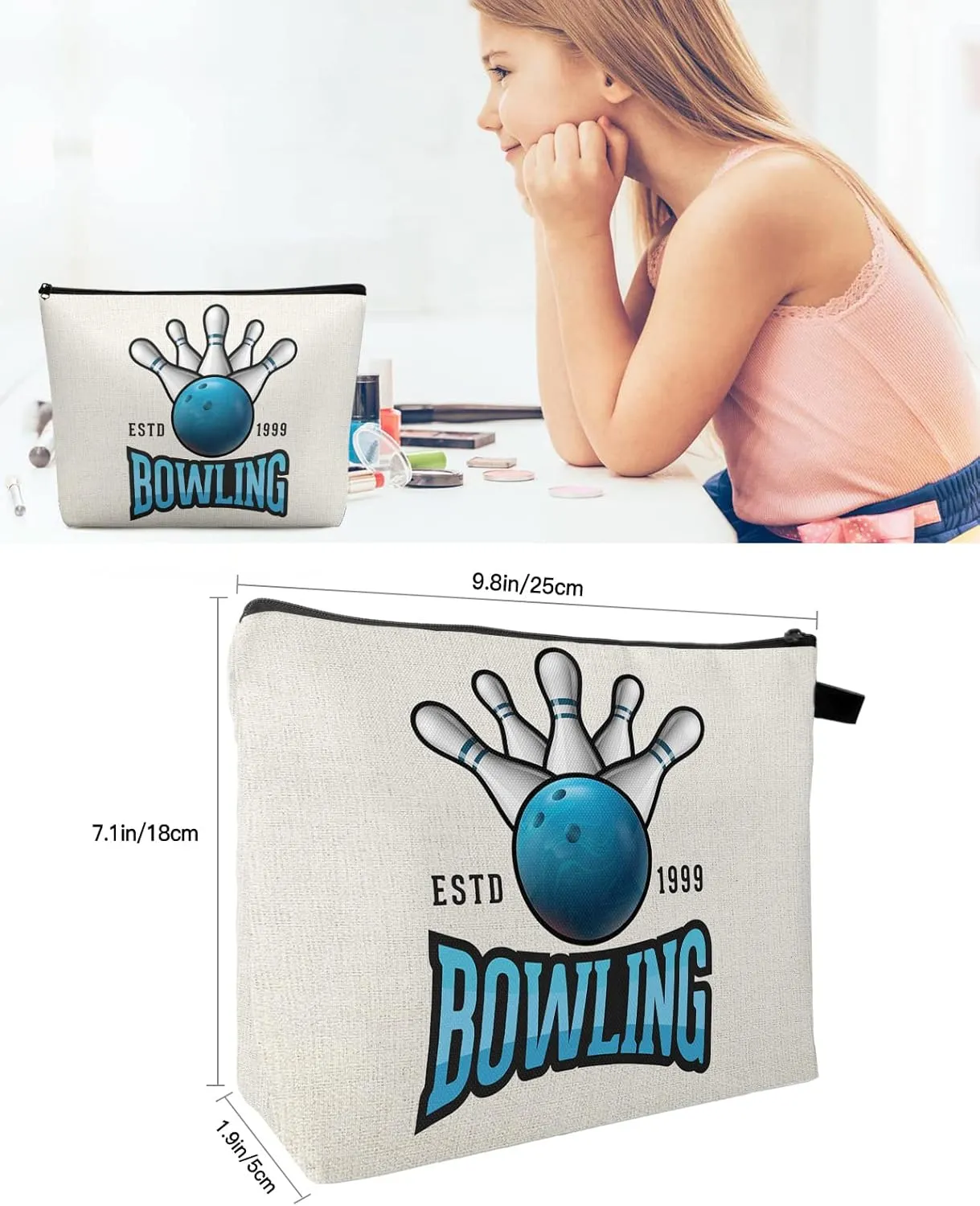 Blue Bowling Balls Cosmetic Bags for Women, Sports Theme Burlap Texture Small Makeup Bag for Purse, Waterproof Travel Toiletry Bag Accessories Organizer, 1PCS