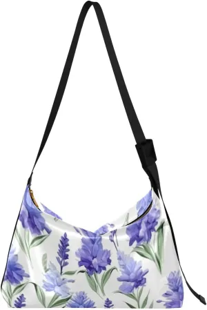 Blue Lavender Flowers Tote Bag for Women Large Hobo Bags Hobo Crossbody Bags Leather Tote with Adjustable Strap for Girl Men