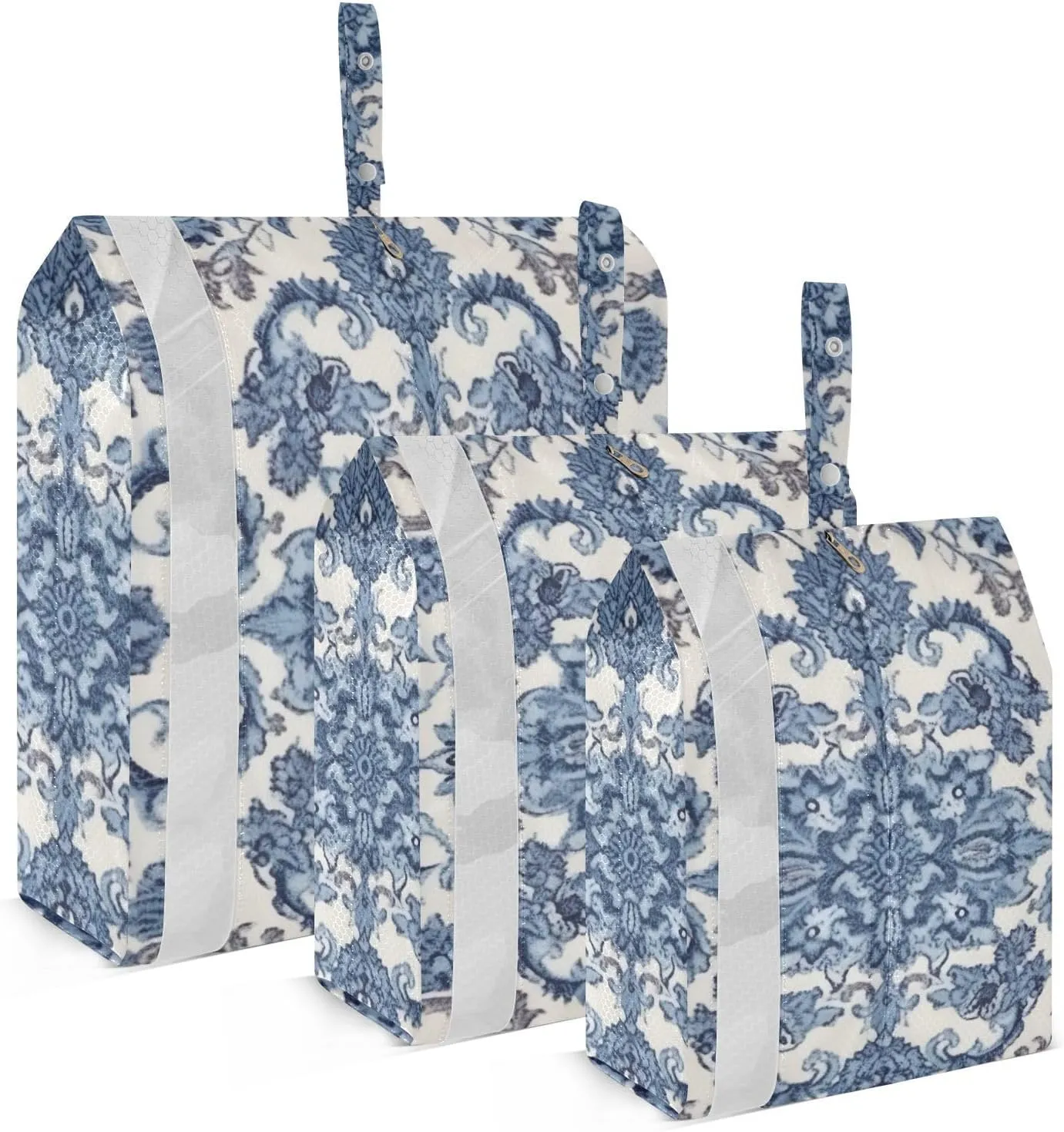 Bohemian Floral Blue Packing Cubes Set of 3, Lightweight Travel Luggage Organizers Foldable Bags for Easy Packing and Organization