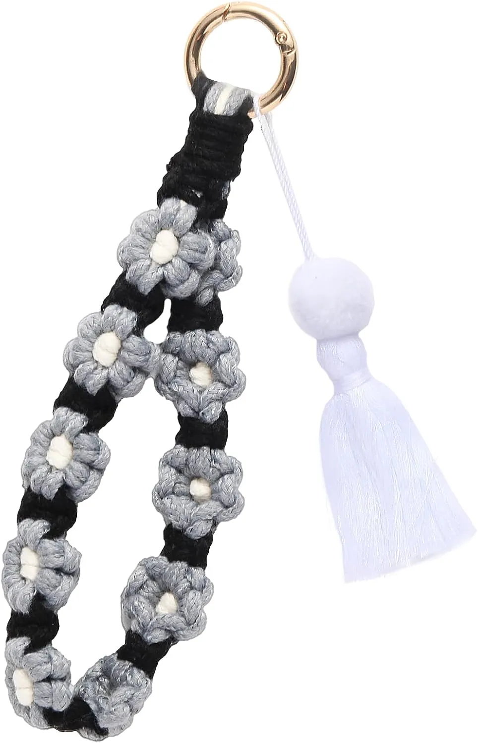 Boho Flower Wristlet Keychain with Tassel Handmade Macrame Wrist Lanyard for Women Cute Key Chain Bracelet for Keys