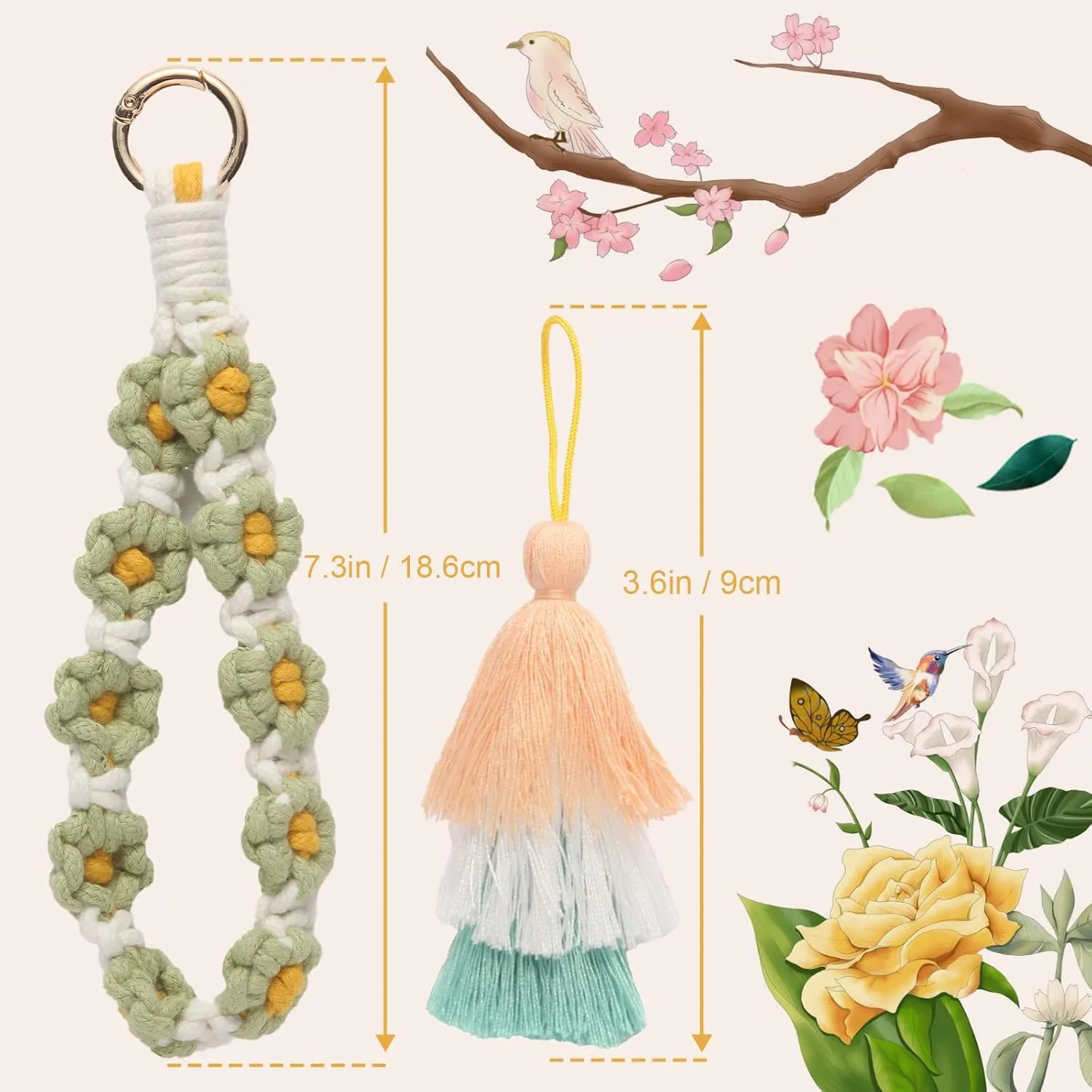 Boho Flower Wristlet Keychain with Tassel Handmade Macrame Wrist Lanyard for Women Cute Key Chain Bracelet for Keys