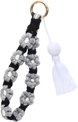Boho Flower Wristlet Keychain with Tassel Handmade Macrame Wrist Lanyard for Women Cute Key Chain Bracelet for Keys