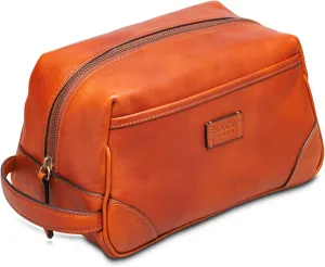 Bosca Leather Toiletry Bag for Men - Dolce Italia Biggie Italian Made Shave Kit with Large Capacity - Full Grain Leather Mens Dopp Kit, Spacious Interior - Vintage Brass Zip - Brown