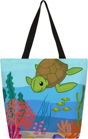 Bottom Turtle Coral Large Capacity Canvas Tote Bag Stylish Handheld Shoulder Bag Reusable Shopping Bag for Work Travel Beach Trips Shopping